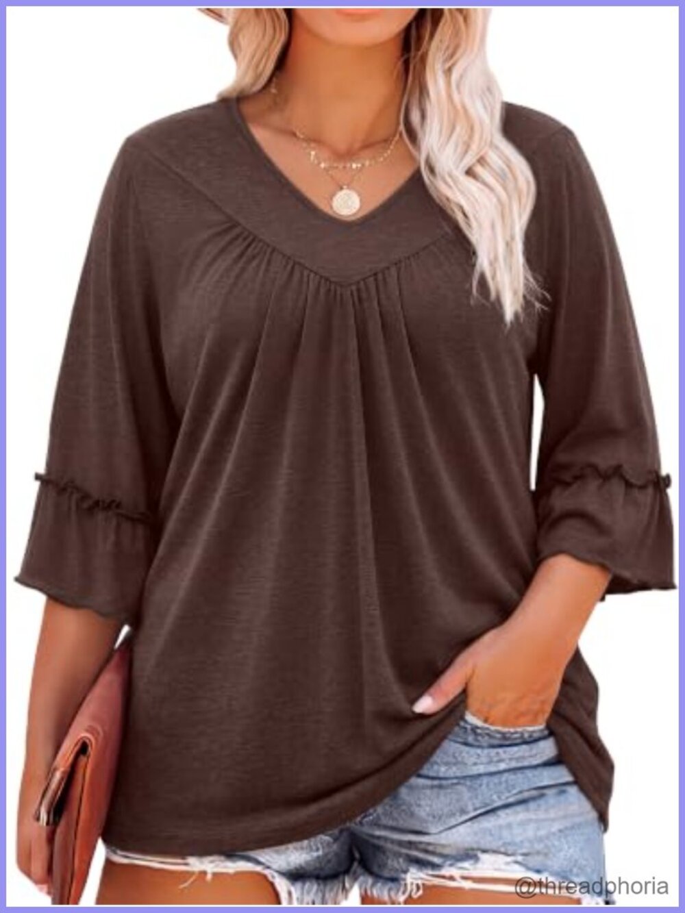 Plus Size Tunic Top 3/4 Ruffle Sleeve V Neck Pleated Blouse